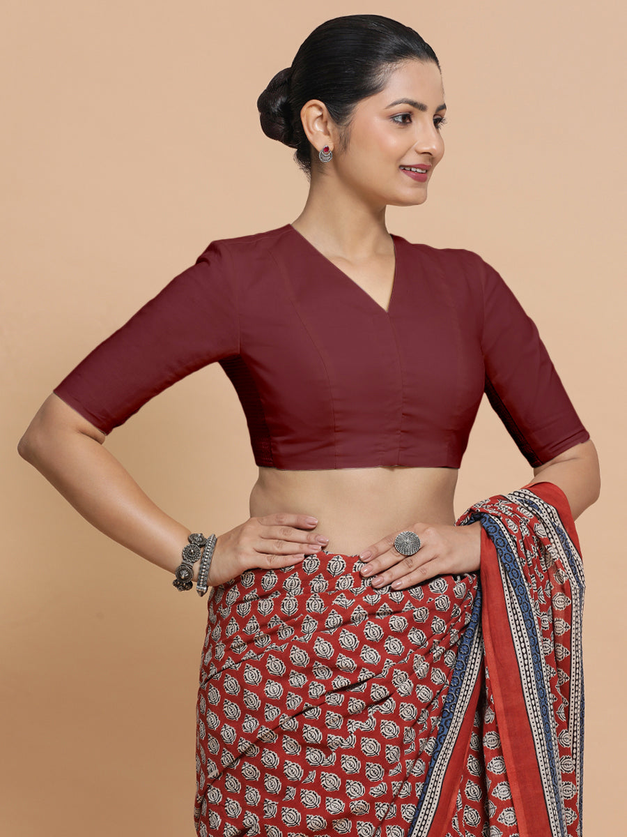 Garima x Rozaana Saree Blouse, in Maroon Cotton, featuring elbow sleeves and v-neckline, made for daily & work (view 7).