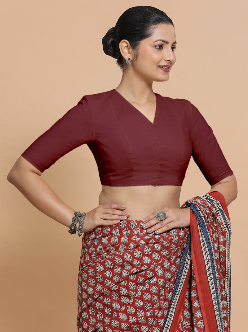 Garima x Rozaana | V-Neck Royal Maroon Plain Cotton Saree Blouse-Binks