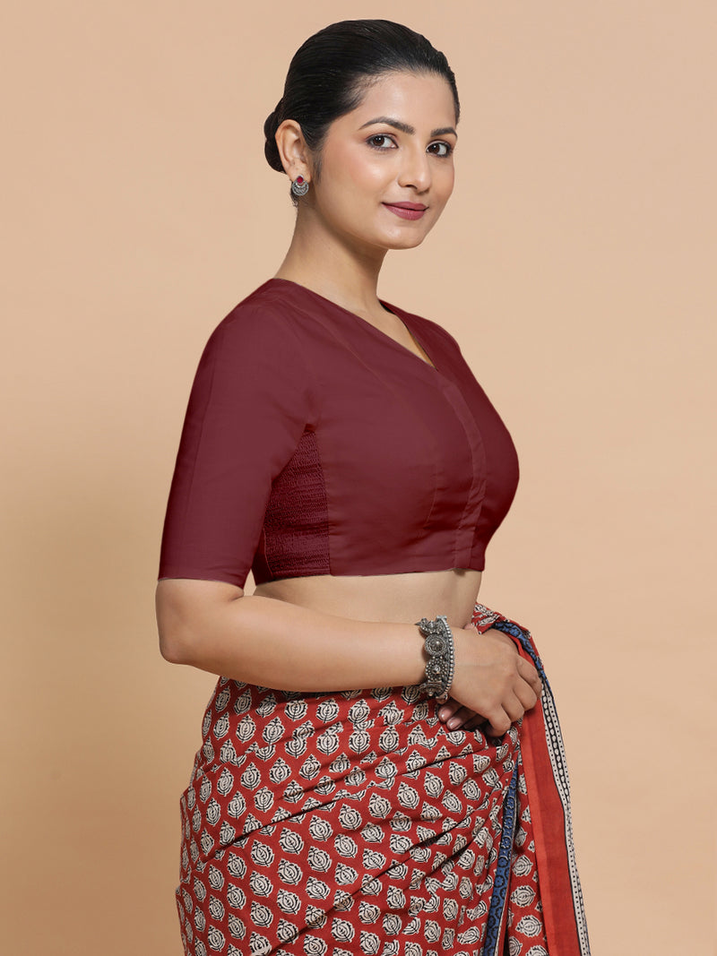 Garima x Rozaana | V-Neck Royal Maroon Plain Cotton Saree Blouse-Binks