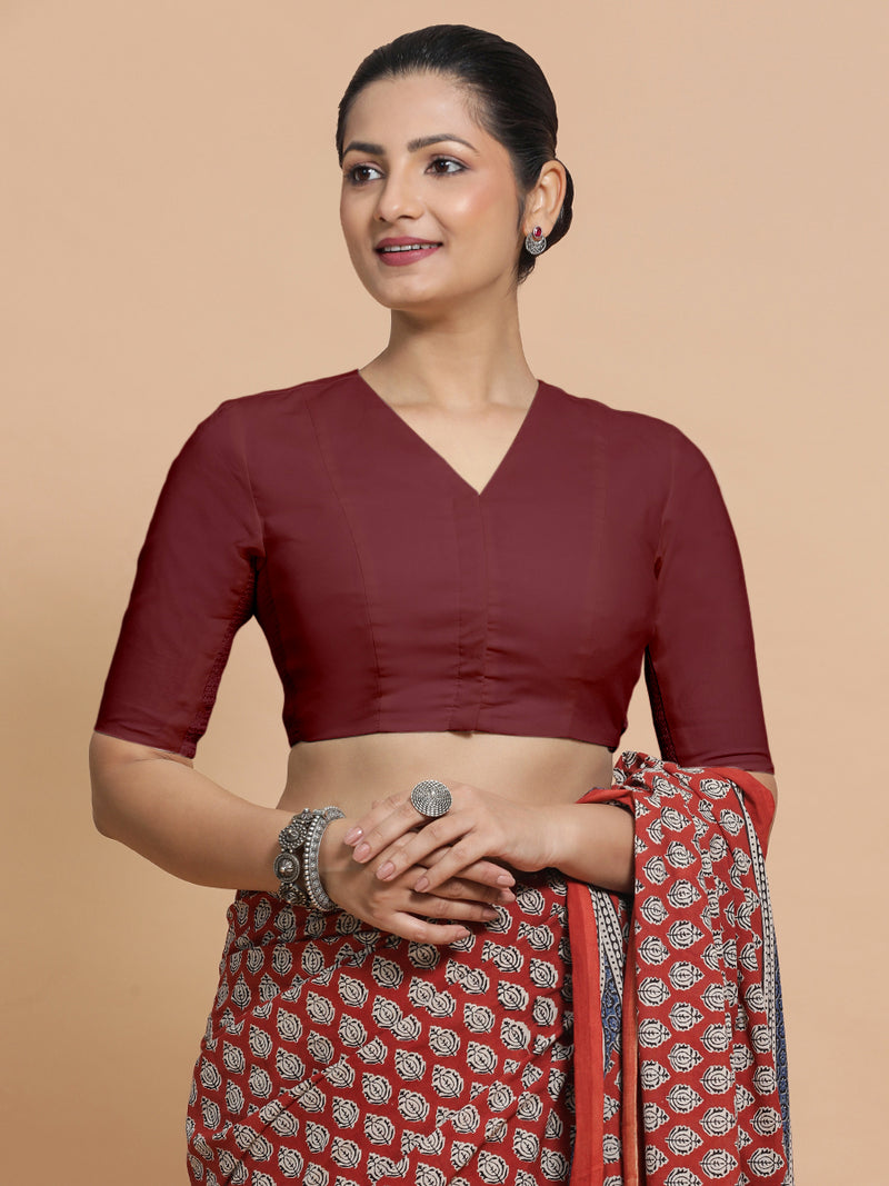 Garima x Rozaana | V-Neck Royal Maroon Plain Cotton Saree Blouse-Binks