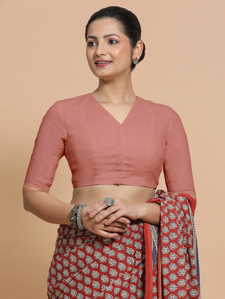 Garima x Rozaana Saree Blouse, in Peach Cotton, featuring elbow sleeves and v-neckline, made for daily & work.