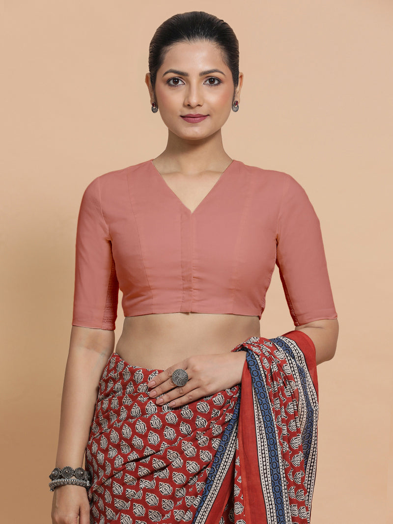 Garima x Rozaana | V-Neck Soft Peach Plain Cotton Saree Blouse-Binks