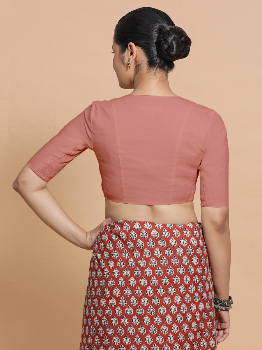Garima x Rozaana Saree Blouse, in Peach Cotton, featuring elbow sleeves and v-neckline, made for daily & work (view 2).