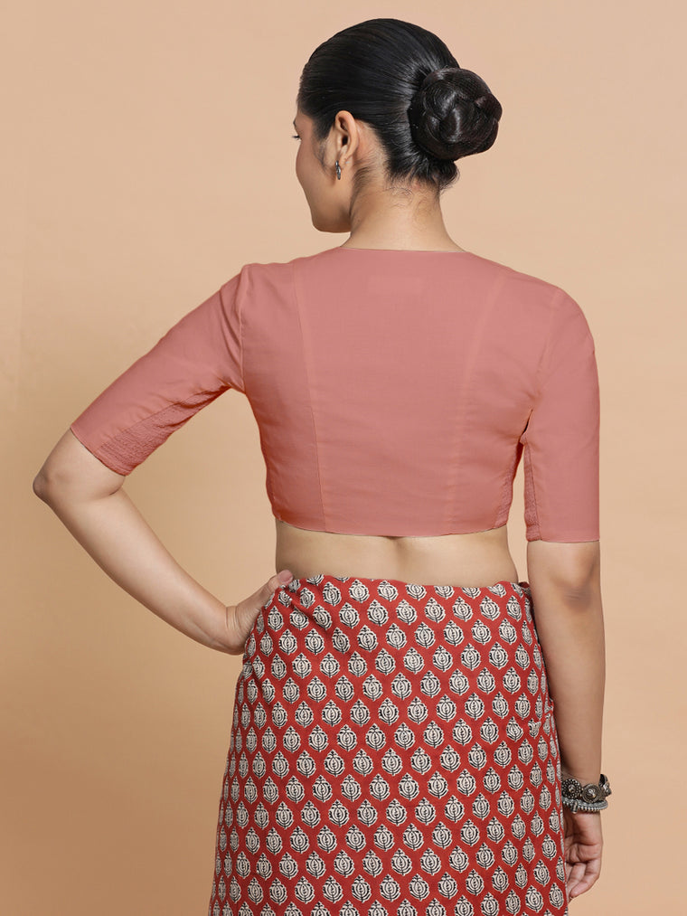 Garima x Rozaana Saree Blouse, in Peach Cotton, featuring elbow sleeves and v-neckline, made for daily & work (view 2).