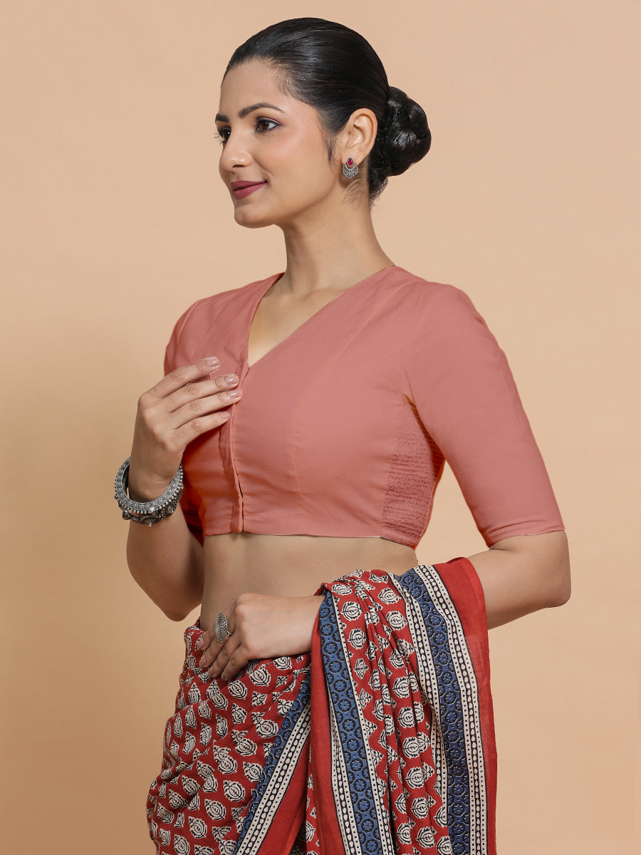 Garima x Rozaana Saree Blouse, in Peach Cotton, featuring elbow sleeves and v-neckline, made for daily & work (view 5).