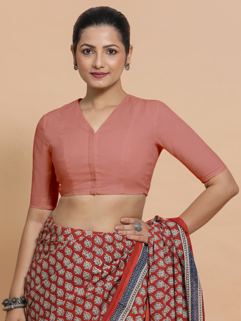 Garima x Rozaana | V-Neck Soft Peach Plain Cotton Saree Blouse-Binks