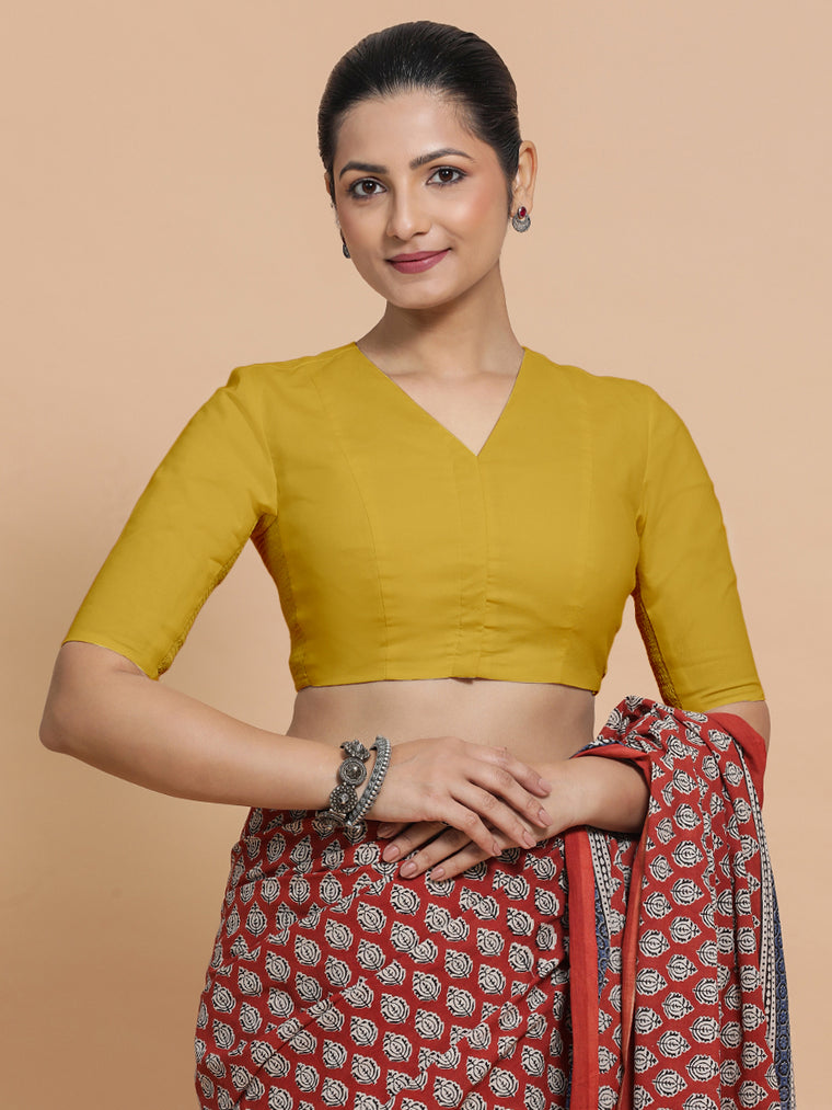 Garima x Rozaana Saree Blouse, in Yellow Cotton, featuring elbow sleeves and v-neckline, made for daily & work.