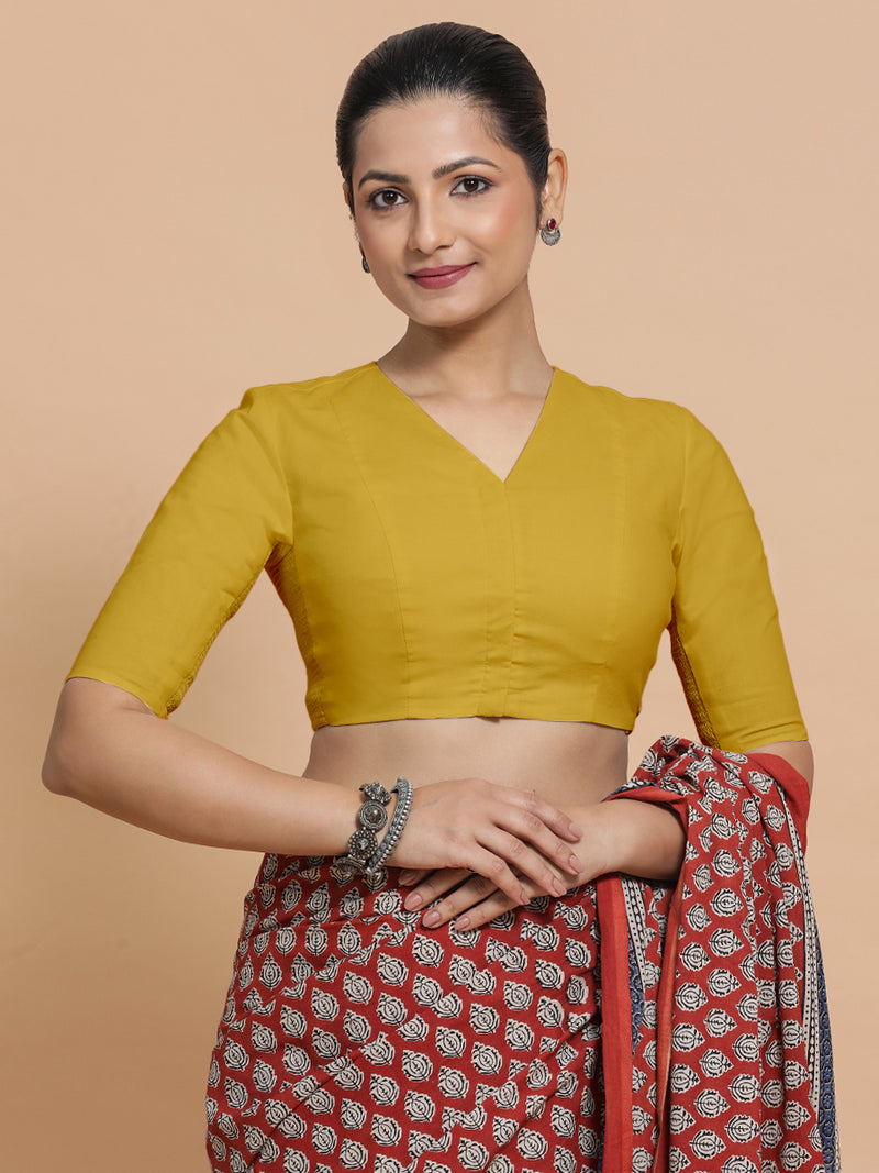 Garima x Rozaana | V-Neck Sunny Yellow Plain Cotton Saree Blouse-Binks
