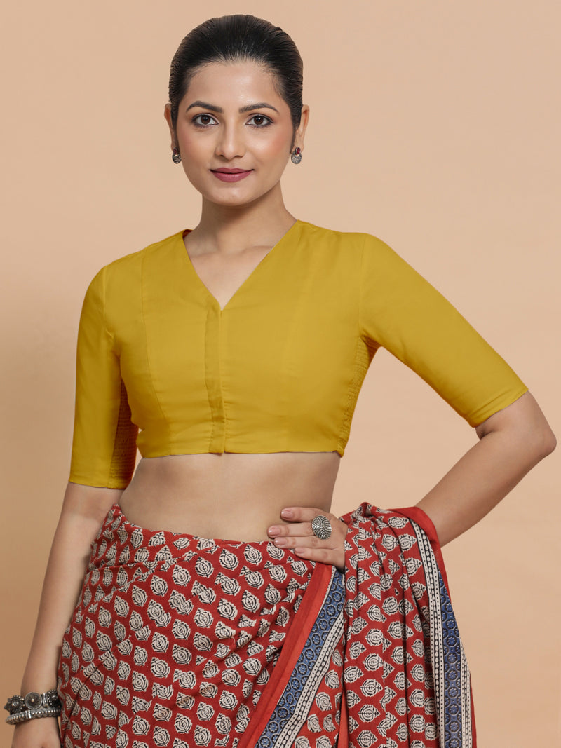 Garima x Rozaana | V-Neck Sunny Yellow Plain Cotton Saree Blouse-Binks