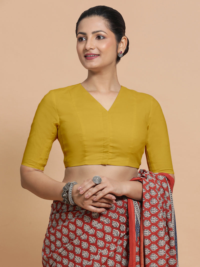 Garima x Rozaana | V-Neck Sunny Yellow Plain Cotton Saree Blouse-Binks