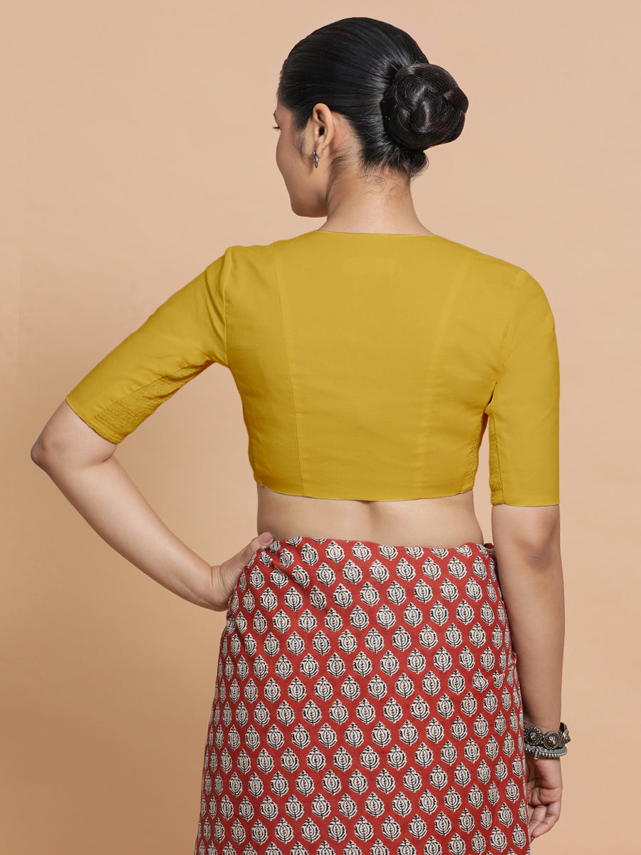 Garima x Rozaana Saree Blouse, in Yellow Cotton, featuring elbow sleeves and v-neckline, made for daily & work (view 2).