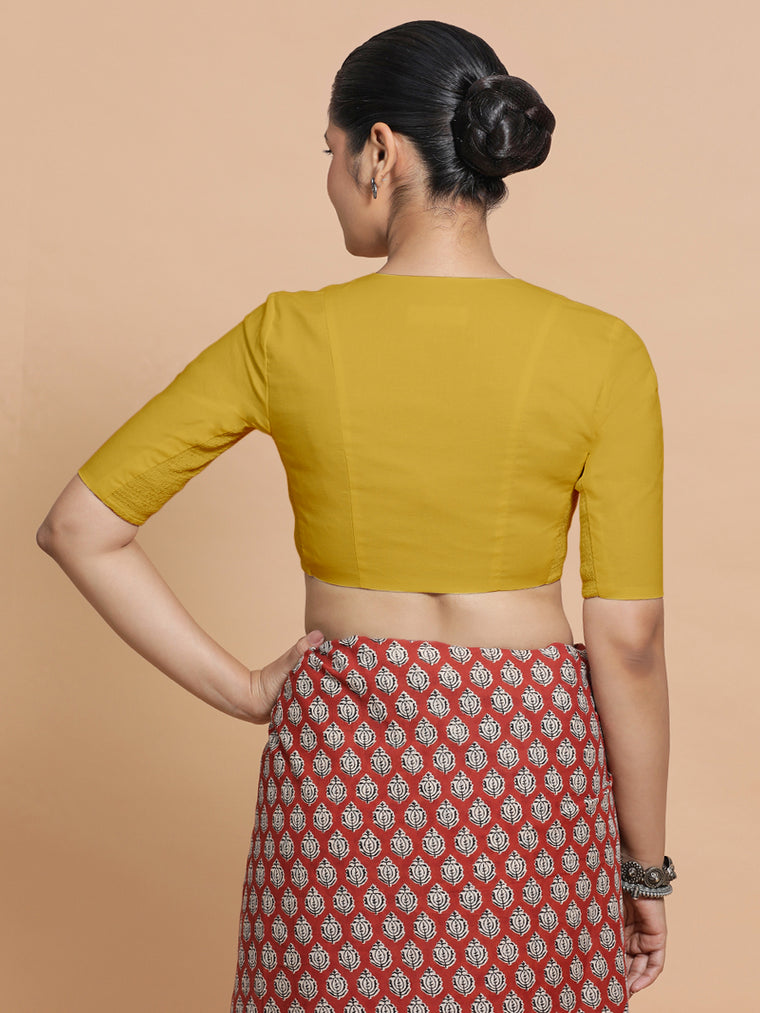 Garima x Rozaana Saree Blouse, in Yellow Cotton, featuring elbow sleeves and v-neckline, made for daily & work (view 2).