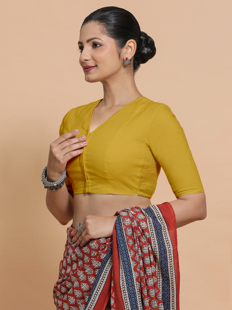 Garima x Rozaana | V-Neck Sunny Yellow Plain Cotton Saree Blouse-Binks