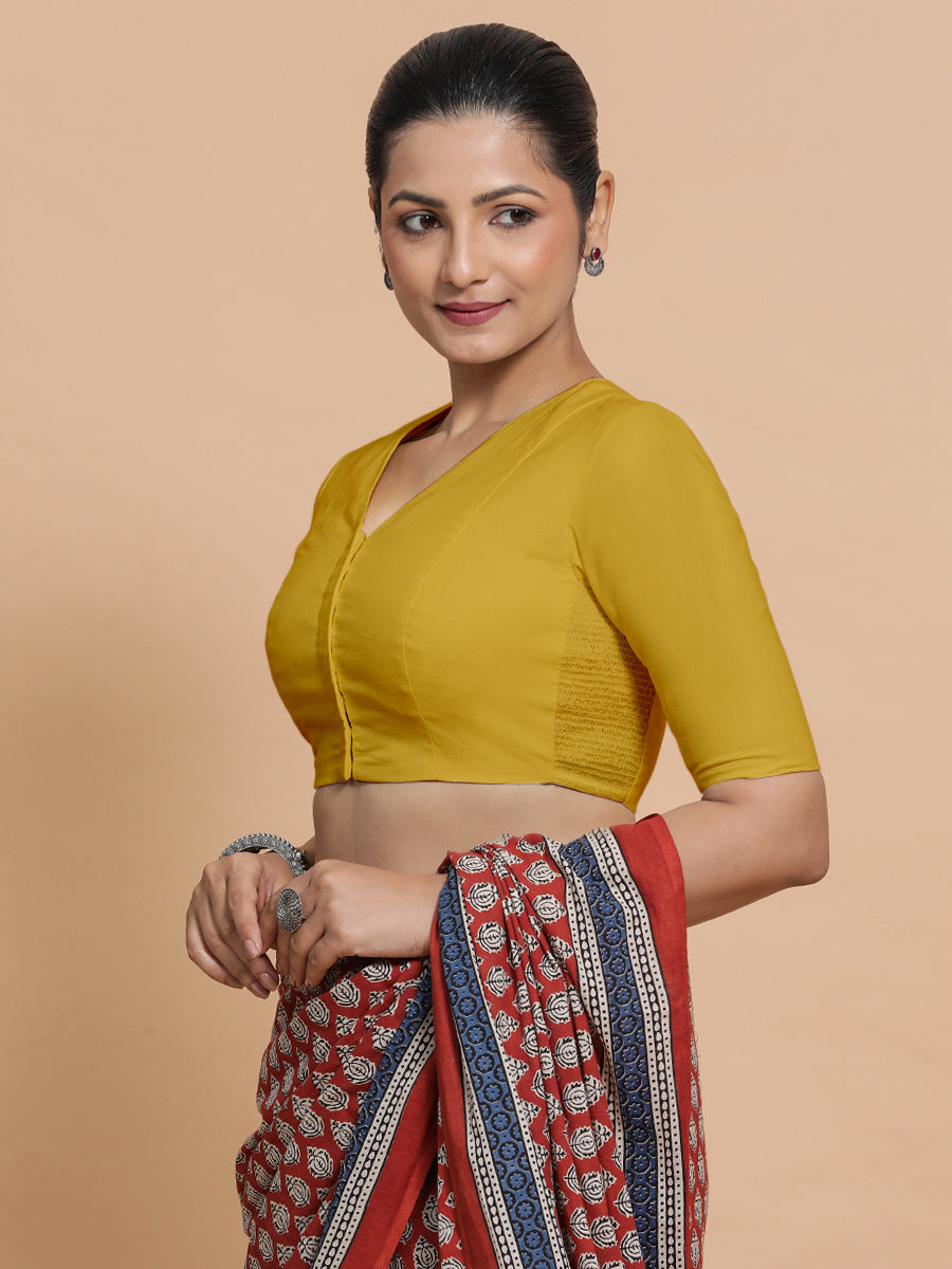 Garima x Rozaana Saree Blouse, in Yellow Cotton, featuring elbow sleeves and v-neckline, made for daily & work (view 7).