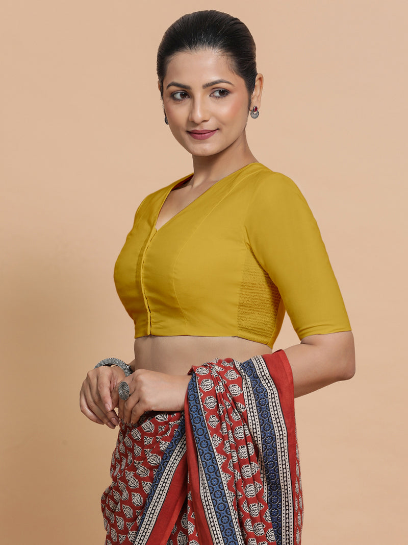 Garima x Rozaana | V-Neck Sunny Yellow Plain Cotton Saree Blouse-Binks