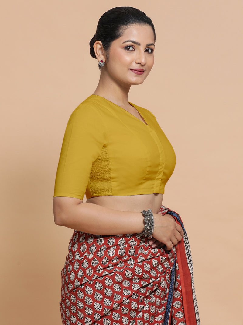 Garima x Rozaana | V-Neck Sunny Yellow Plain Cotton Saree Blouse-Binks