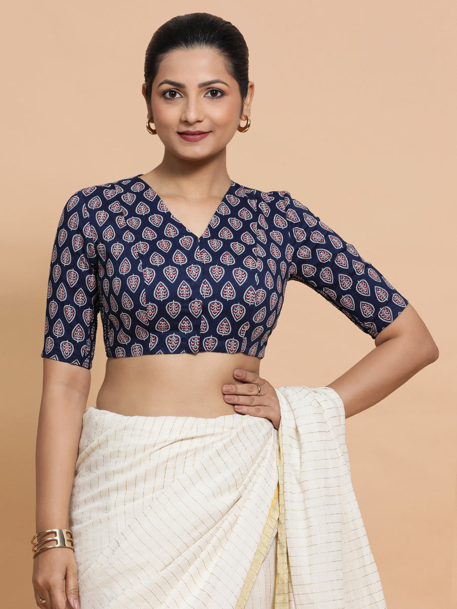 Gauri x Rozaana Saree Blouse, in Blue Cotton, featuring elbow sleeves and v-neckline, made for daily & work.