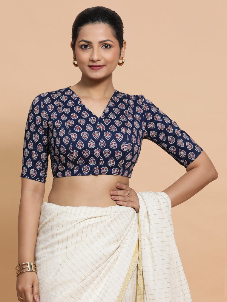 Gauri x Rozaana Saree Blouse, in Blue Cotton, featuring elbow sleeves and v-neckline, made for daily & work.