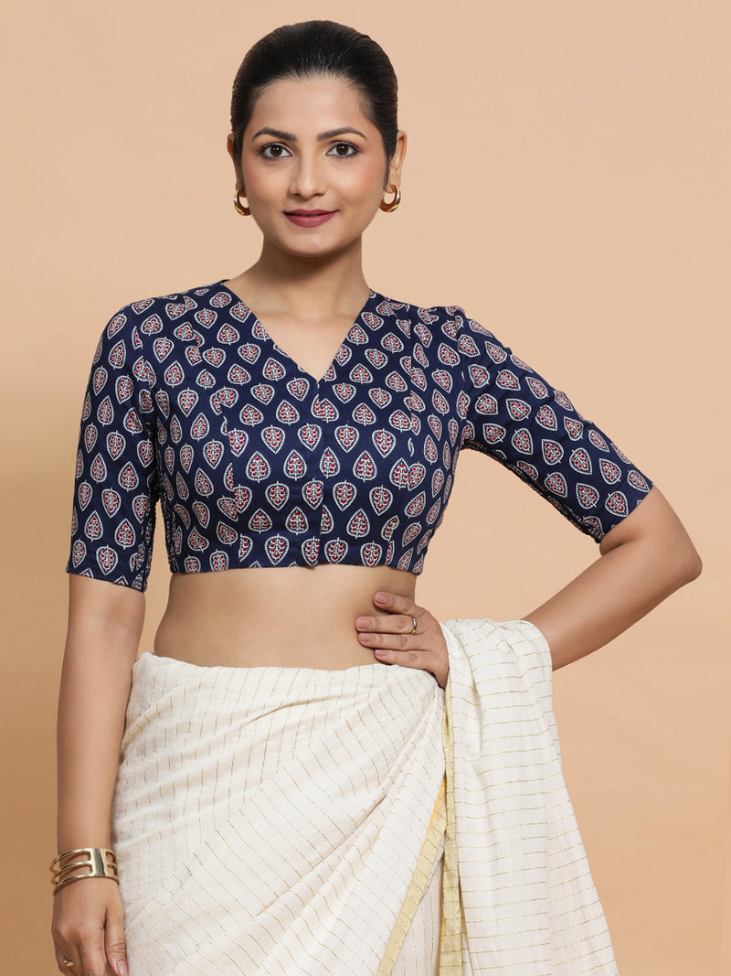 Gauri x Rozaana | Elbow Sleeves Cotton Saree Blouse in Indigo Blue Spade Block Print Fabric-Binks