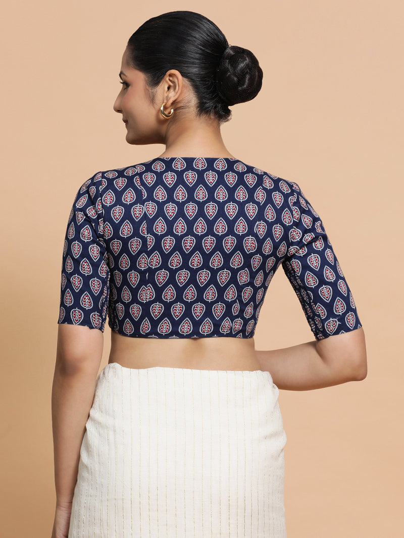 Gauri x Rozaana | Elbow Sleeves Cotton Saree Blouse in Indigo Blue Spade Block Print Fabric-Binks