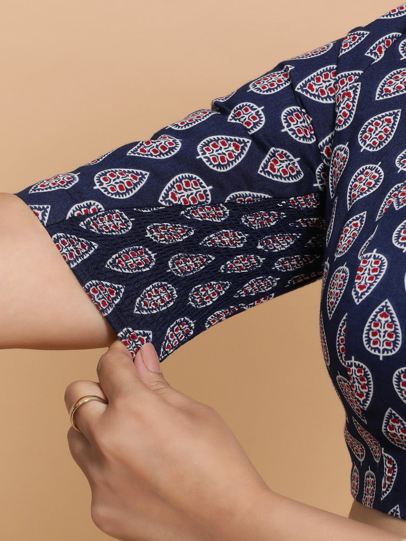 Gauri x Rozaana | Elbow Sleeves Cotton Saree Blouse in Indigo Blue Spade Block Print Fabric-Binks