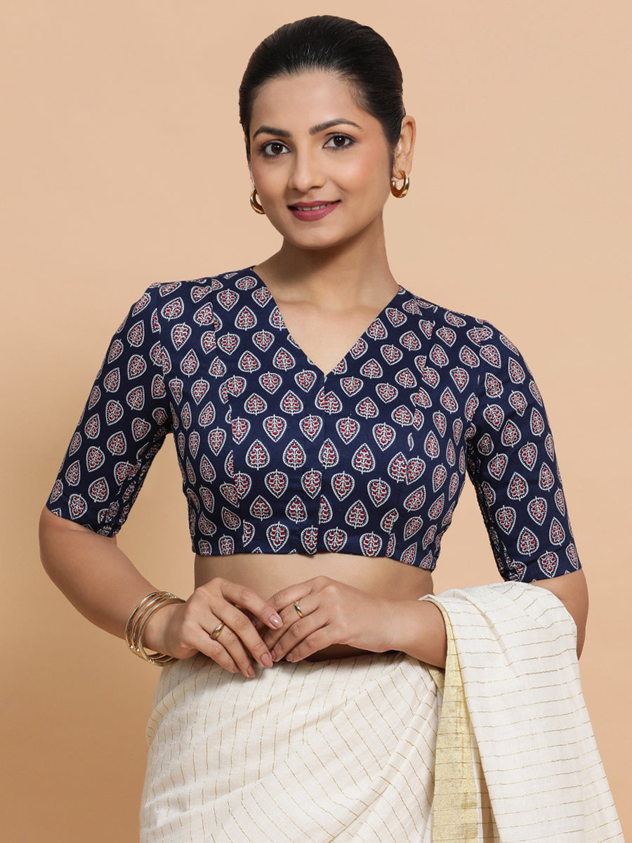 Gauri x Rozaana Saree Blouse, in Blue Cotton, featuring elbow sleeves and v-neckline, made for daily & work (view 6).