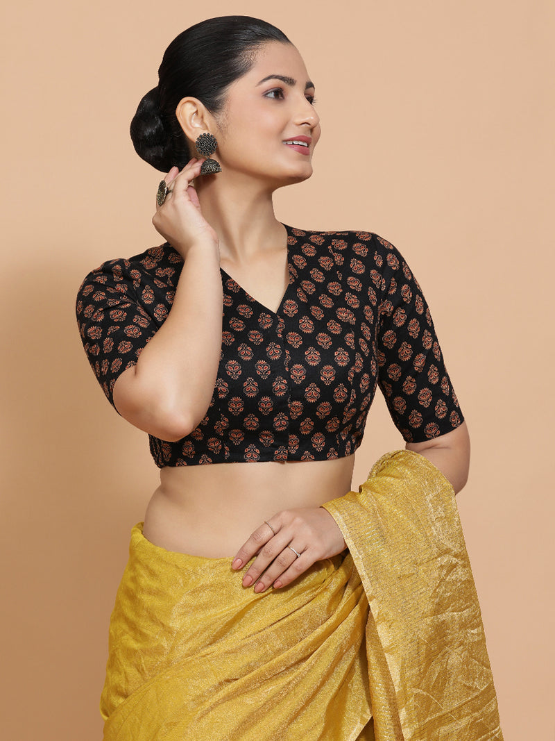 Gayatri x Rozaana | Elbow Sleeves Cotton Saree Blouse in Black Peacock Block Print Fabric-Binks