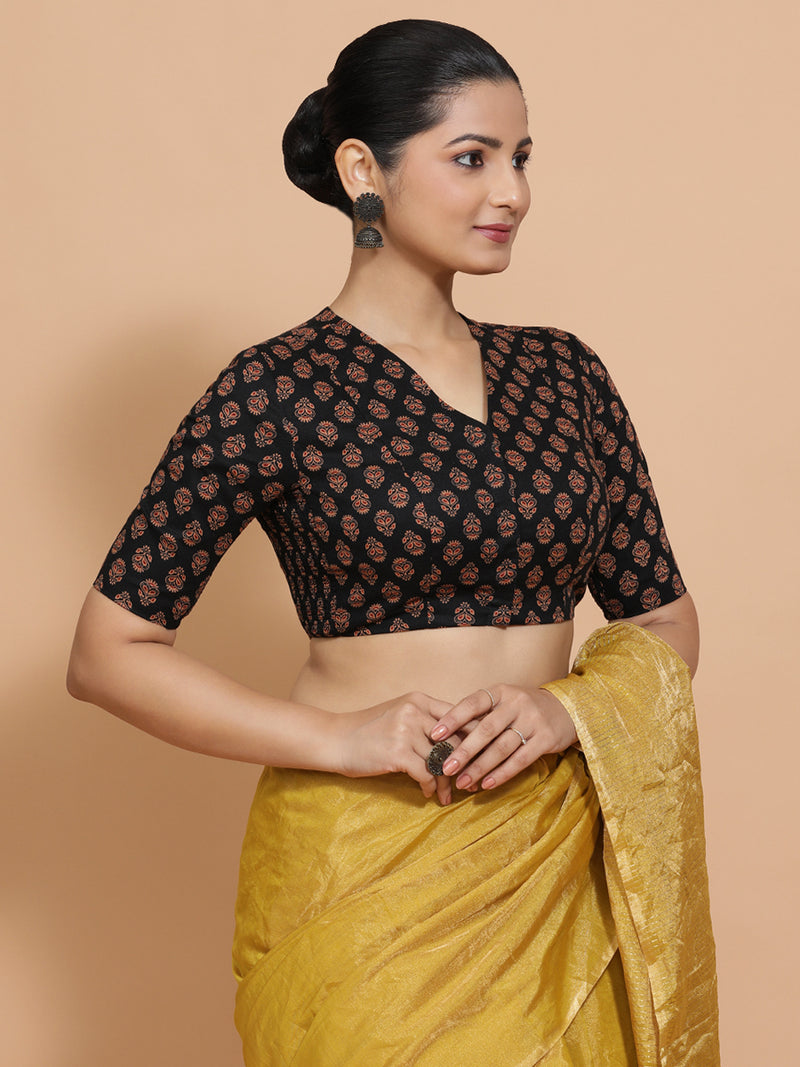 Gayatri x Rozaana | Elbow Sleeves Cotton Saree Blouse in Black Peacock Block Print Fabric-Binks