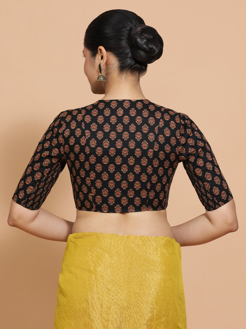 Gayatri x Rozaana | Elbow Sleeves Cotton Saree Blouse in Black Peacock Block Print Fabric-Binks