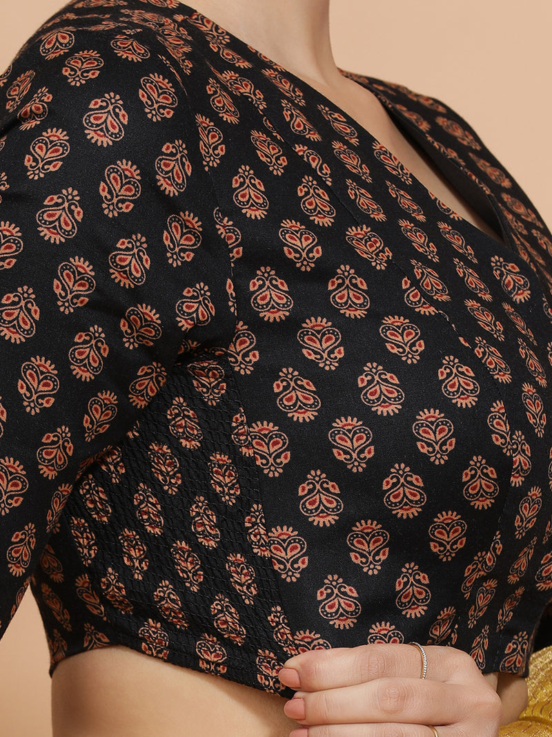 Gayatri x Rozaana | Elbow Sleeves Cotton Saree Blouse in Black Peacock Block Print Fabric-Binks