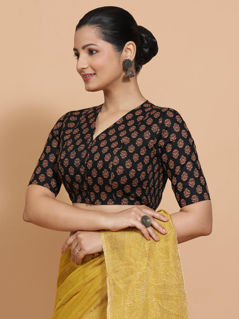 Gayatri x Rozaana | Elbow Sleeves Cotton Saree Blouse in Black Peacock Block Print Fabric-Binks