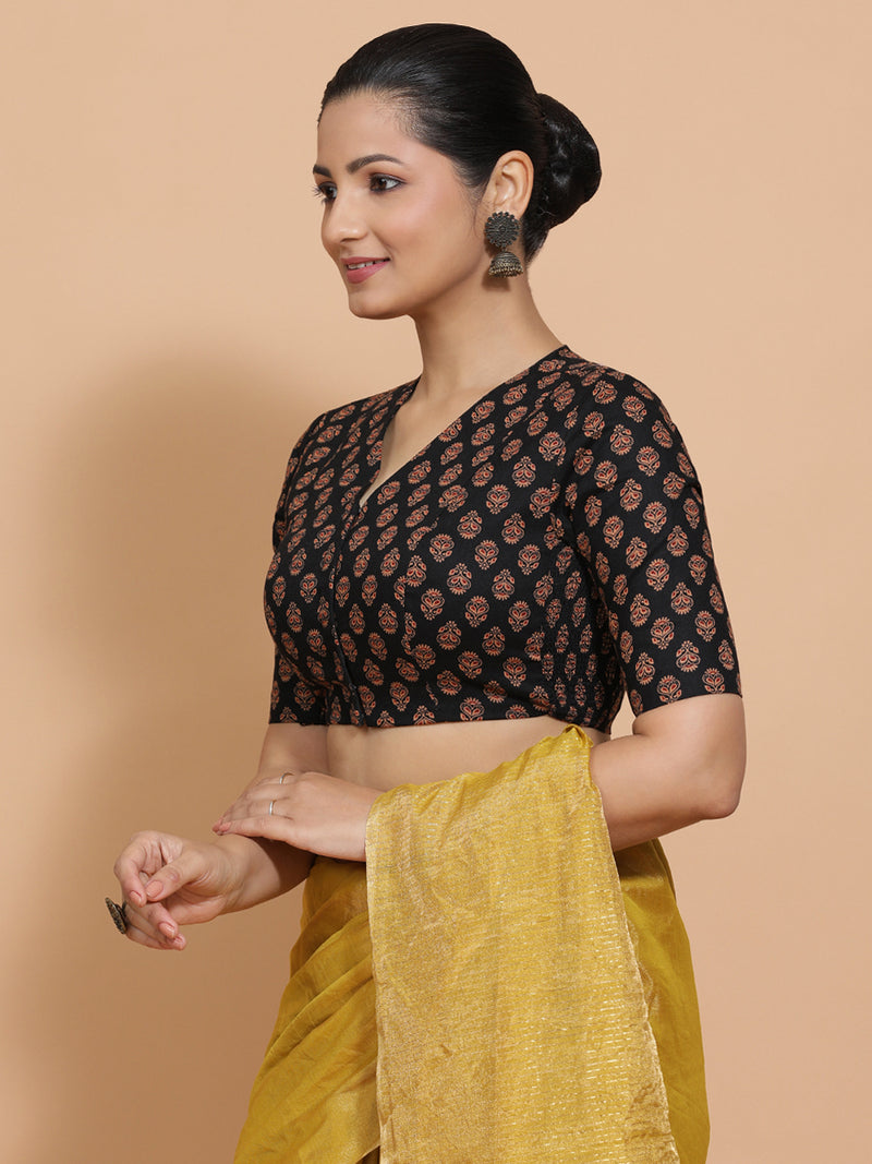 Gayatri x Rozaana | Elbow Sleeves Cotton Saree Blouse in Black Peacock Block Print Fabric-Binks