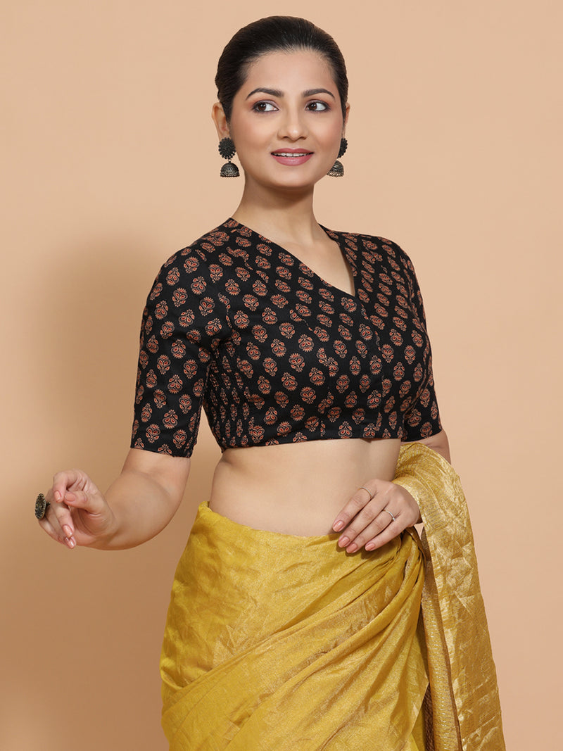Gayatri x Rozaana | Elbow Sleeves Cotton Saree Blouse in Black Peacock Block Print Fabric-Binks