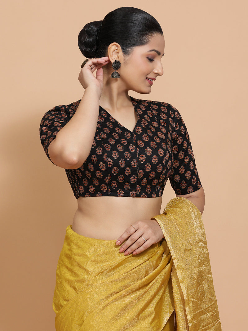 Gayatri x Rozaana | Elbow Sleeves Cotton Saree Blouse in Black Peacock Block Print Fabric-Binks