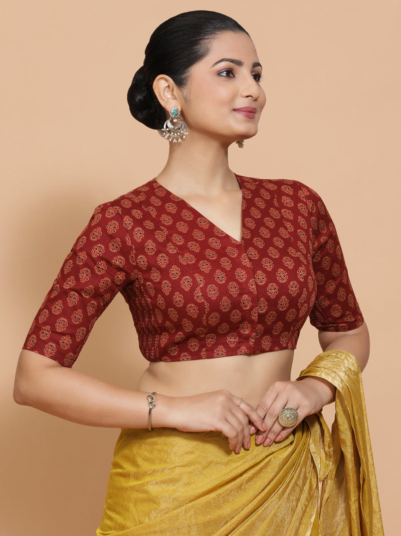 Gayatri x Rozaana | Elbow Sleeves Cotton Saree Blouse in Red Peacock Block Print Fabric-Binks