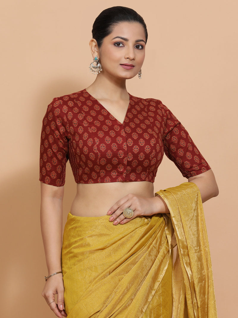 Gayatri x Rozaana | Elbow Sleeves Cotton Saree Blouse in Red Peacock Block Print Fabric-Binks