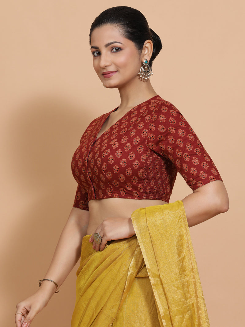 Gayatri x Rozaana | Elbow Sleeves Cotton Saree Blouse in Red Peacock Block Print Fabric-Binks