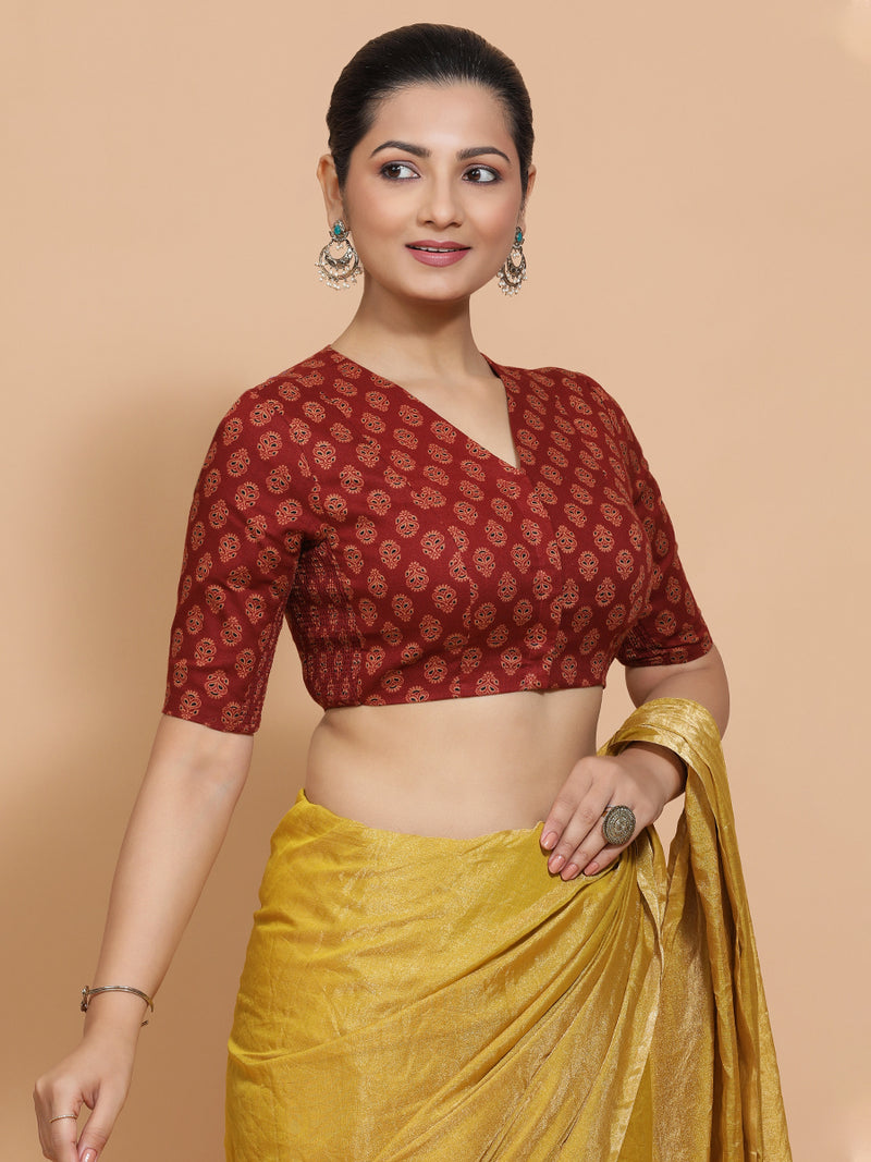 Gayatri x Rozaana | Elbow Sleeves Cotton Saree Blouse in Red Peacock Block Print Fabric-Binks