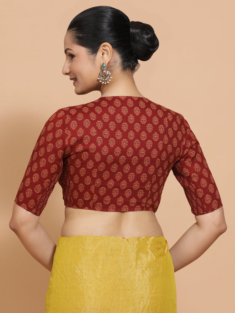 Gayatri x Rozaana | Elbow Sleeves Cotton Saree Blouse in Red Peacock Block Print Fabric-Binks