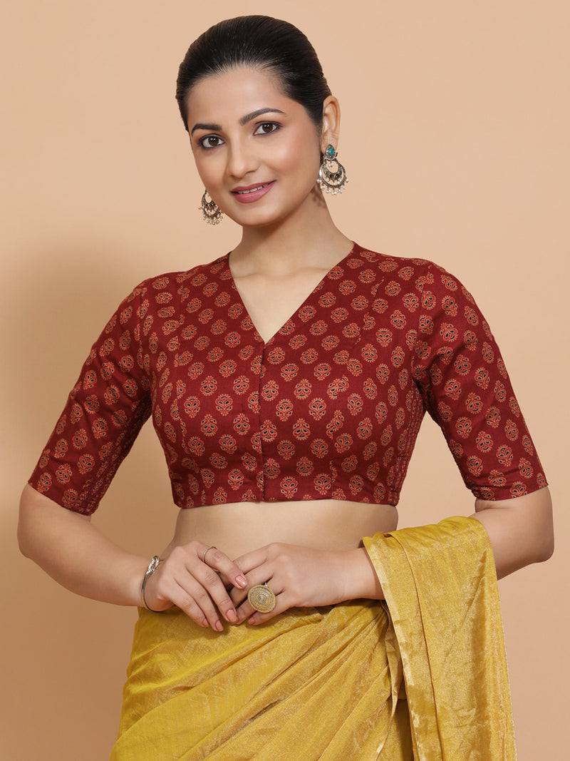 Gayatri x Rozaana | Elbow Sleeves Cotton Saree Blouse in Red Peacock Block Print Fabric-Binks