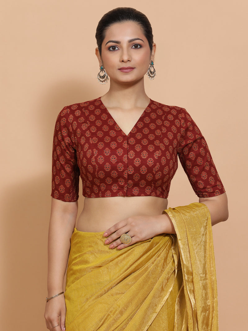 Gayatri x Rozaana | Elbow Sleeves Cotton Saree Blouse in Red Peacock Block Print Fabric-Binks