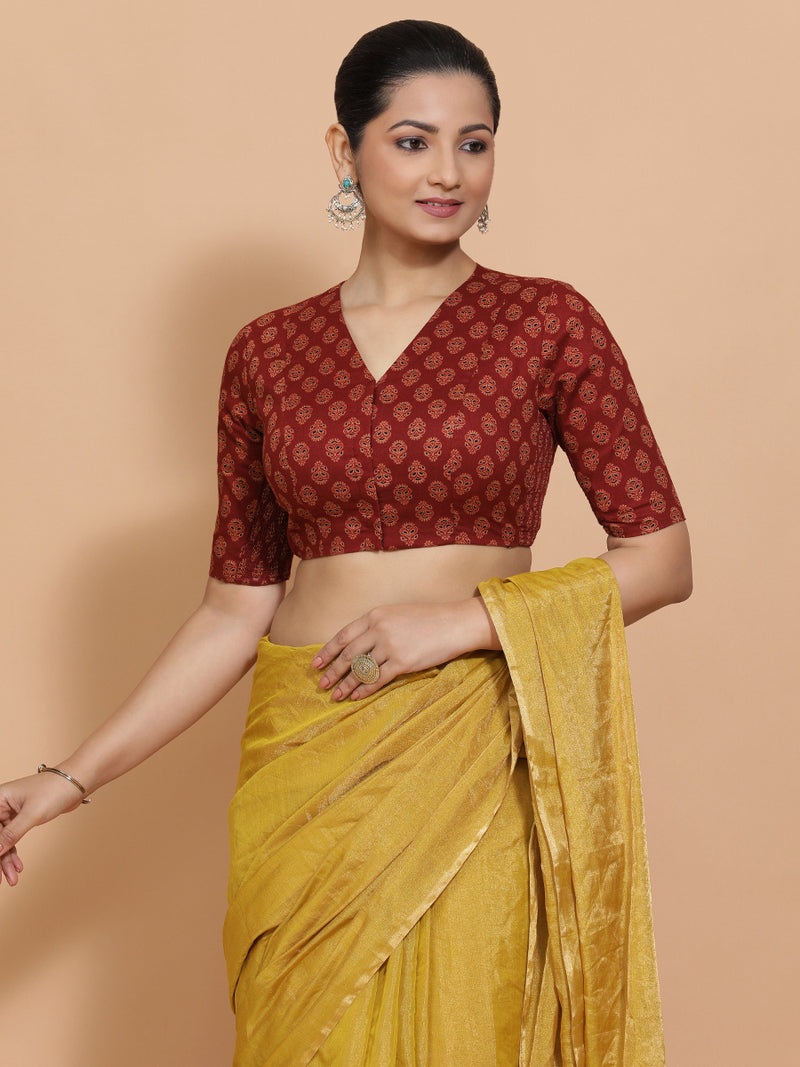 Gayatri x Rozaana | Elbow Sleeves Cotton Saree Blouse in Red Peacock Block Print Fabric-Binks