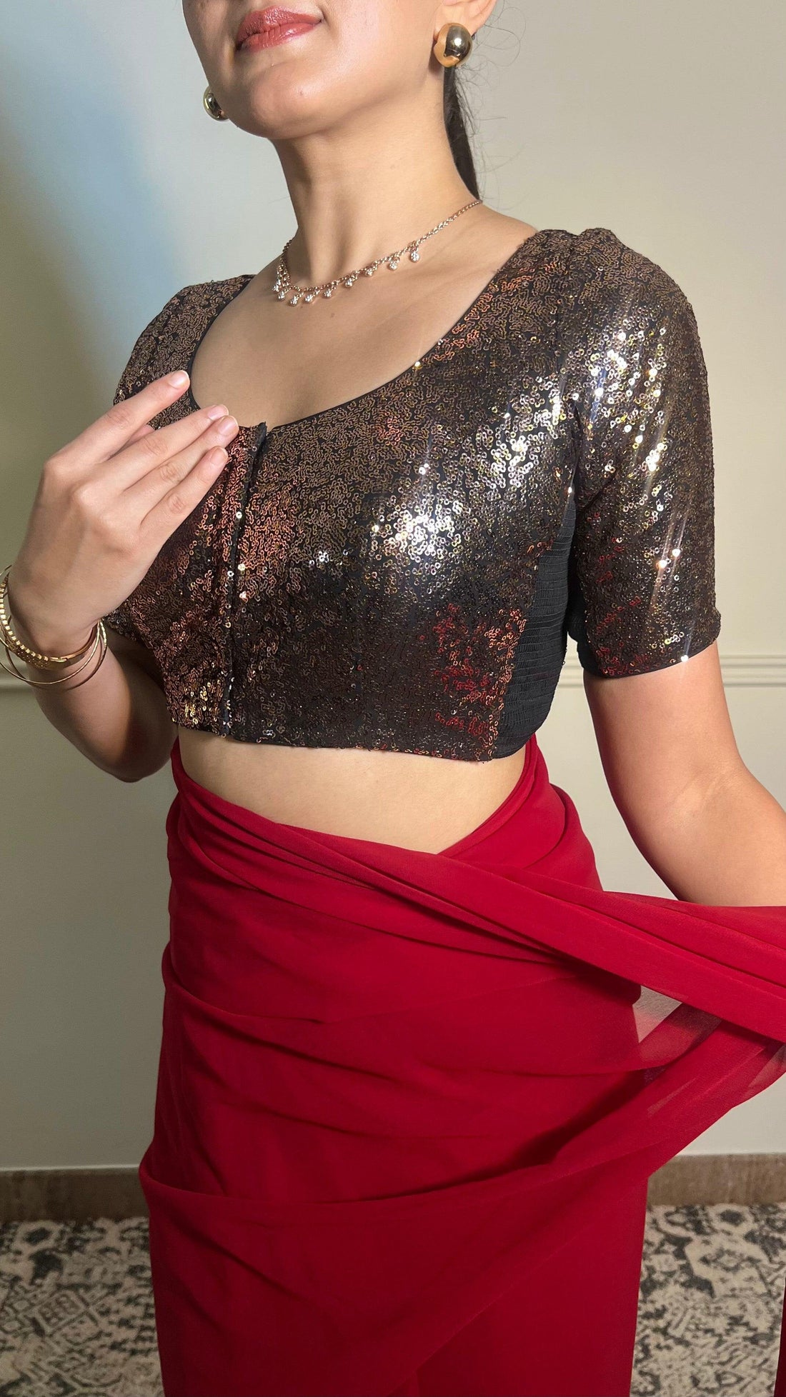 Geet x Tyohaar Saree Blouse, in Gold Sequin, featuring elbow sleeves, made for party & festive (view 2).