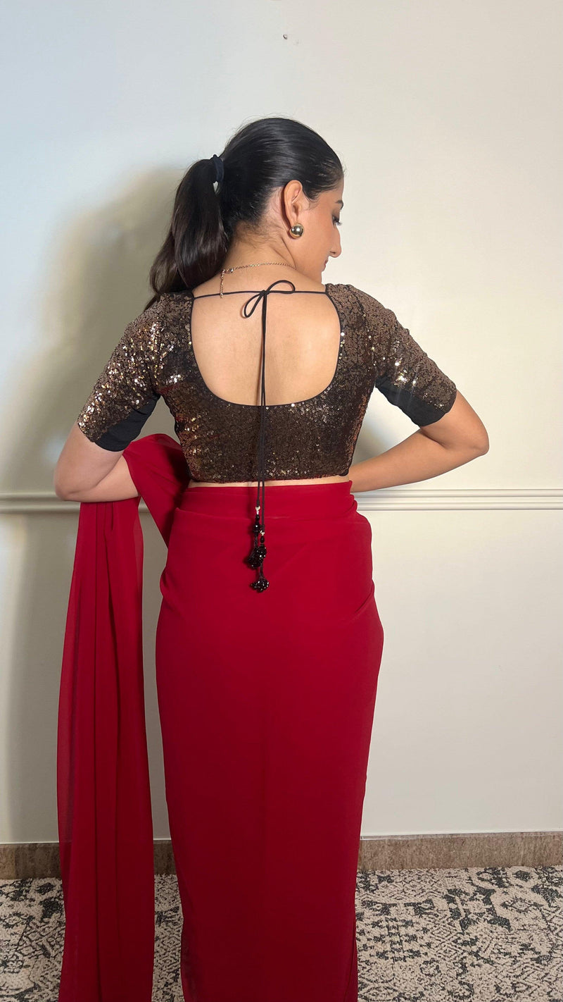 Geet x Tyohaar | Elbow Sleeves Gold Sequined Shimmer Saree Blouse with Round Neck-Binks