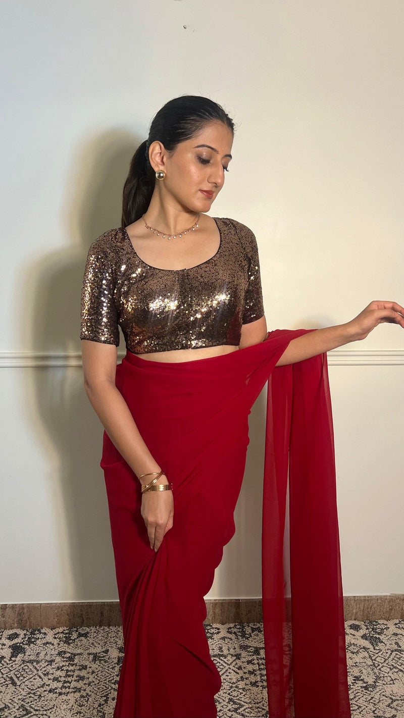 Geet x Tyohaar | Elbow Sleeves Gold Sequined Shimmer Saree Blouse with Round Neck-Binks