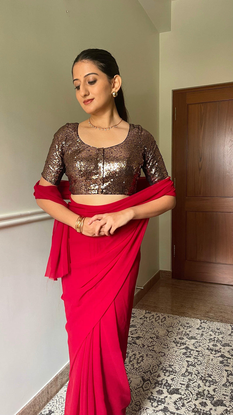 Geet x Tyohaar | Elbow Sleeves Gold Sequined Shimmer Saree Blouse with Round Neck-Binks