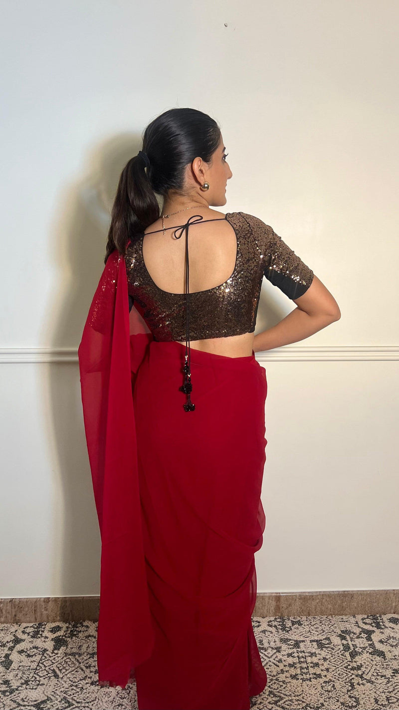 Geet x Tyohaar | Elbow Sleeves Gold Sequined Shimmer Saree Blouse with Round Neck-Binks