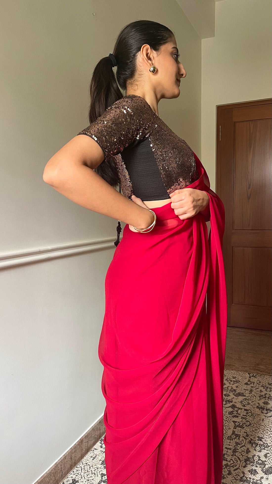 Geet x Tyohaar Saree Blouse, in Gold Sequin, featuring elbow sleeves, made for party & festive (view 8).