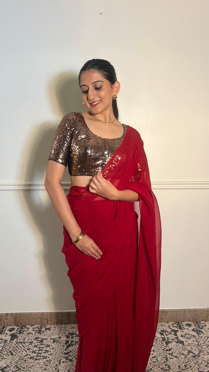 Geet x Tyohaar | Elbow Sleeves Gold Sequined Shimmer Saree Blouse with Round Neck-Binks