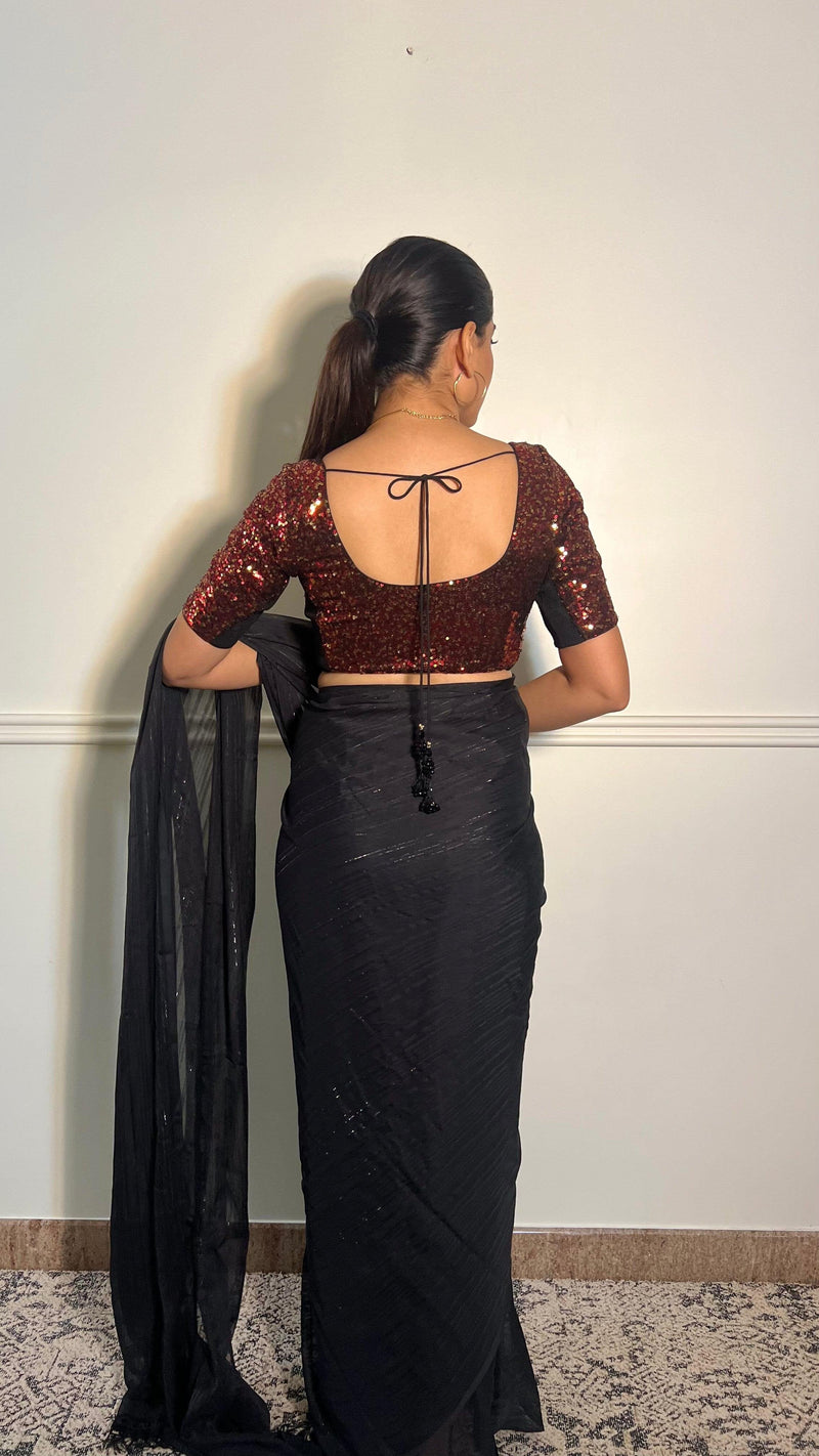 Geet x Tyohaar | Elbow Sleeves Red Sequined Shimmer Saree Blouse with Round Neck-Binks